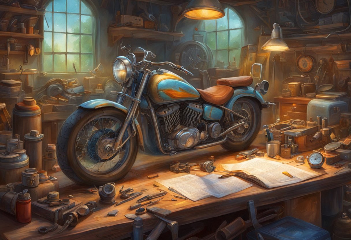 A motorcycle parked in a garage with a broken odometer. Tools and a repair manual are scattered on the workbench. A mechanic is consulting the article on "How to Fix a Motorcycle's Broken Odometer."