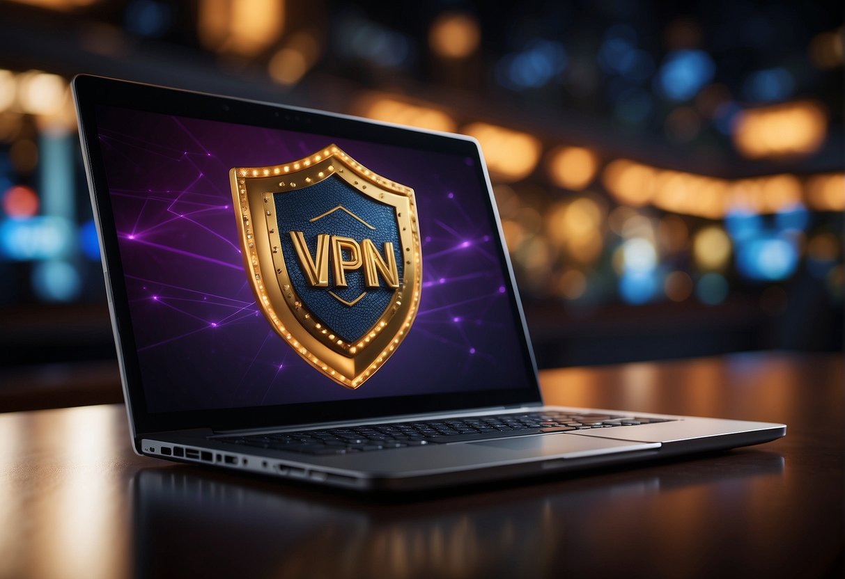 A laptop with a VPN logo connected to a casino website, surrounded by a shield symbolizing security, and a lock representing privacy