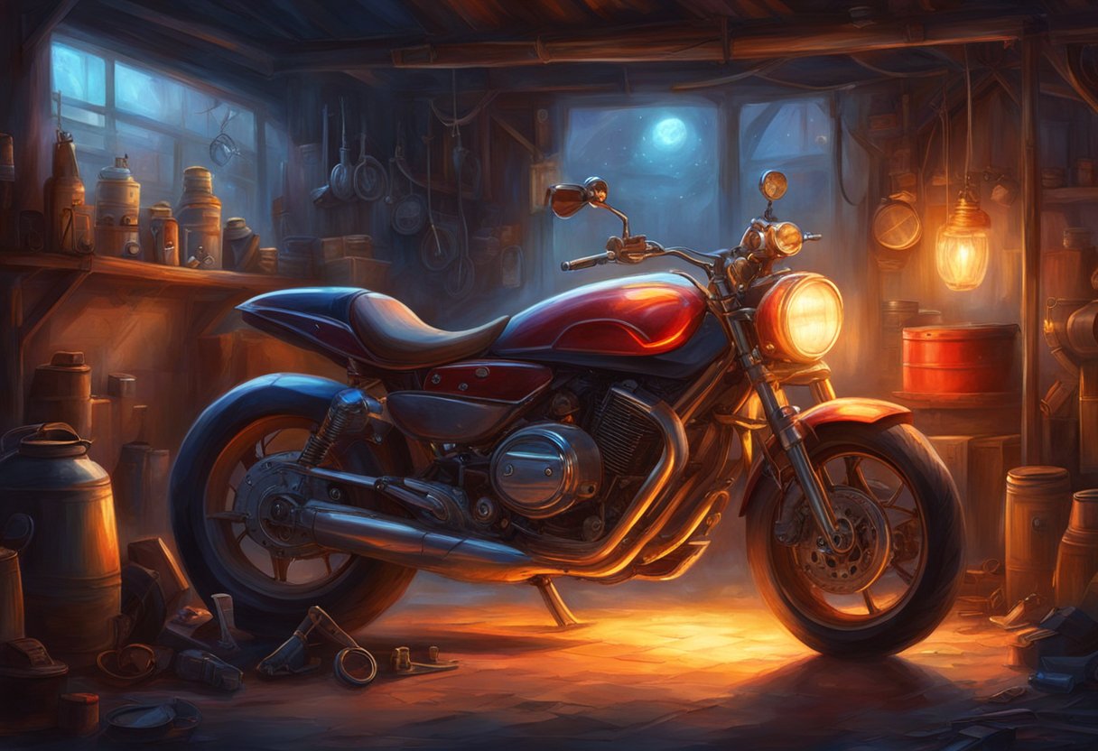 A motorcycle's rear light shines brightly, illuminating the surrounding area. The bike is parked in a dimly lit garage, with tools and spare parts scattered around