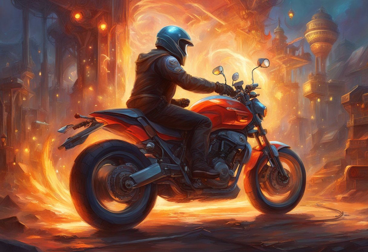 A motorcycle with its rear light constantly on, diagnostic tools and equipment scattered around, a mechanic working on the electrical system