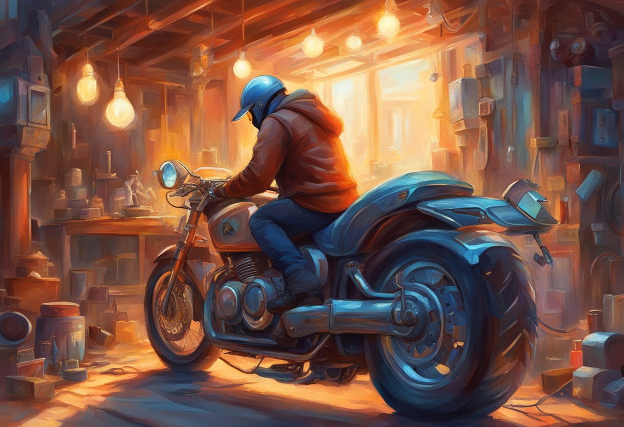 A motorcycle parked with its rear light constantly on, surrounded by tools and a person working on the light assembly