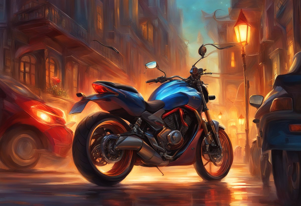 A motorcycle's rear light shines brightly, casting a glow on the surrounding area. The bike is parked on a dimly lit street, with other vehicles passing by in the background