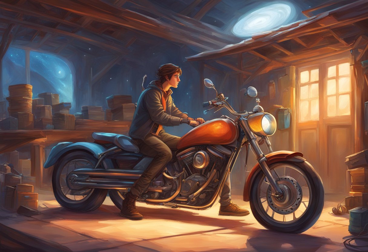 A person's bike is parked in a garage with the hood open, and they are using a flashlight to inspect the electronic throttle control system. The person looks frustrated as they try to troubleshoot the problem