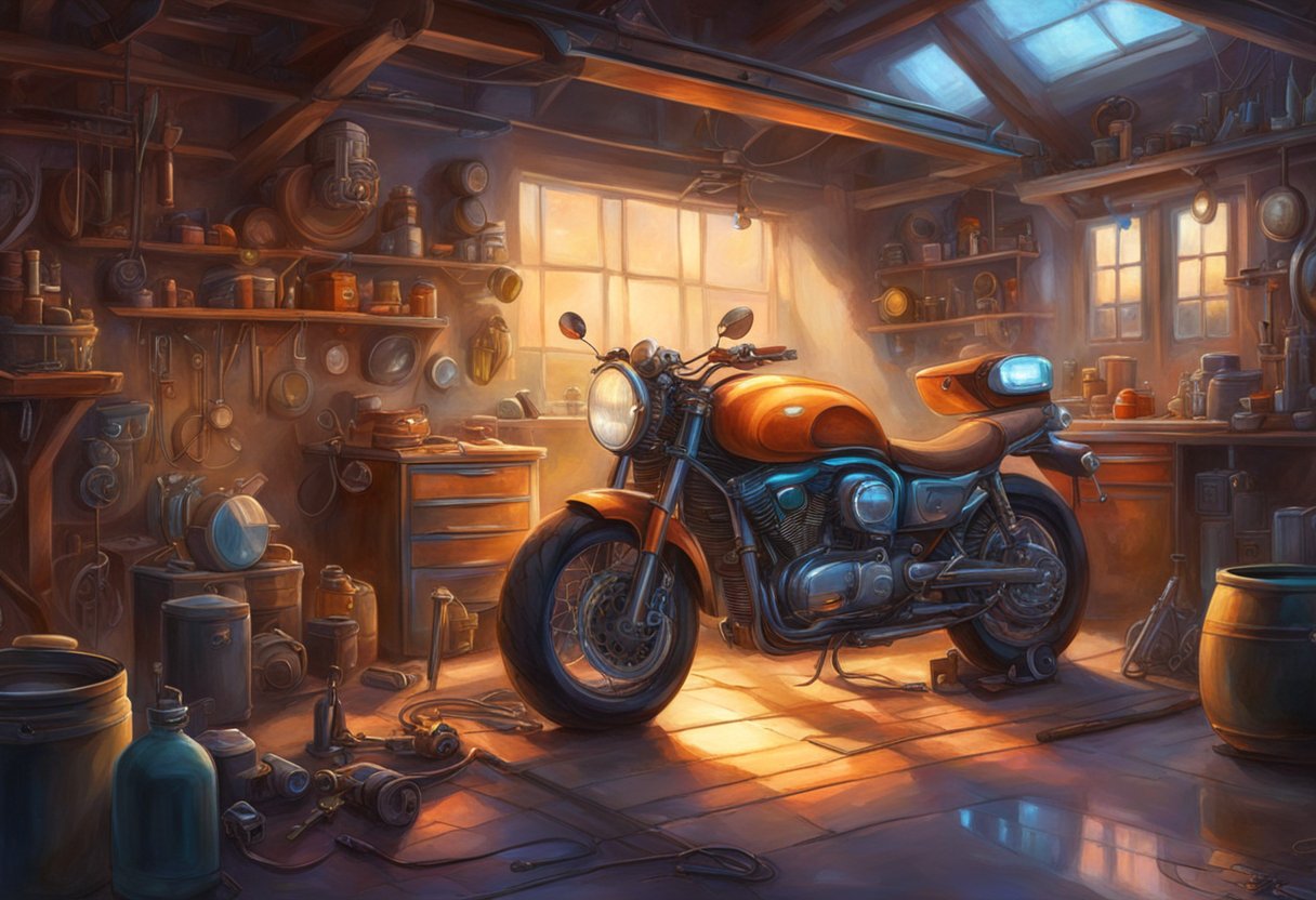 A motorcycle parked in a garage, surrounded by tools and diagnostic equipment. A mechanic examines the electronic throttle control system