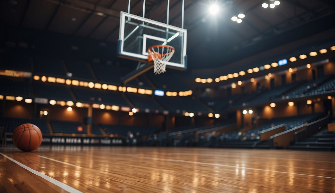 A basketball court with a quiz board and a basketball hoop in the background