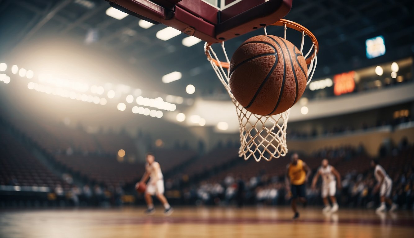 A basketball court with a hoop, ball, and players in motion