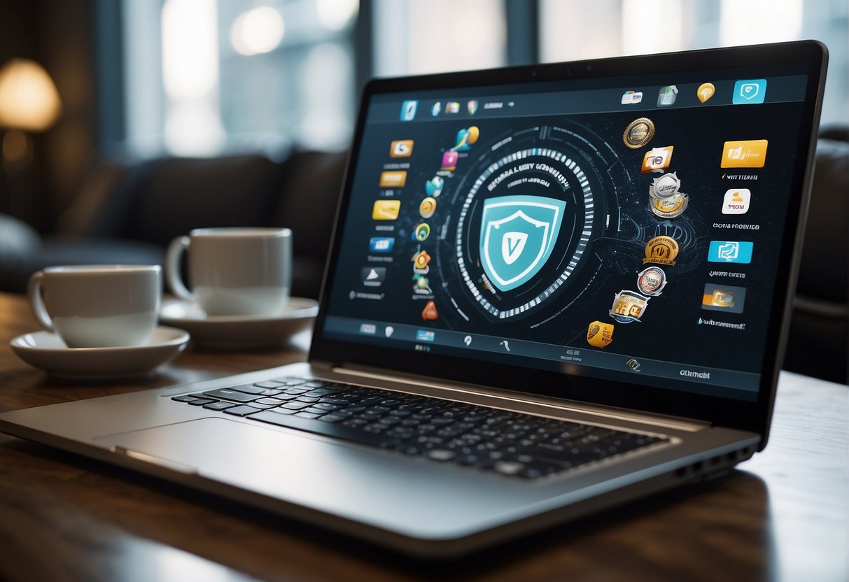 A laptop with a VPN connected to a betting website, surrounded by security icons and a shield symbol