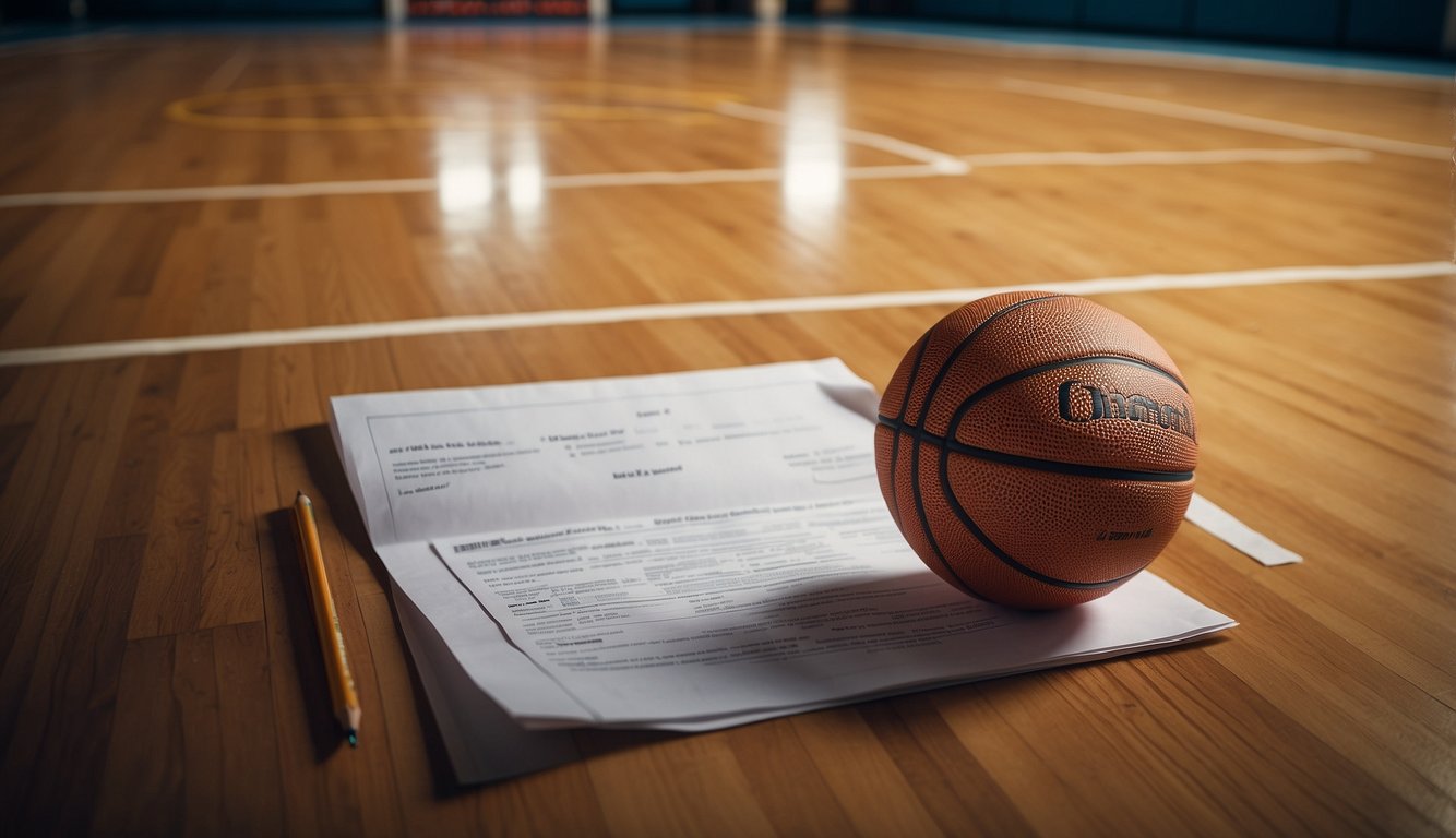 A basketball bouncing on a court with a quiz paper and pencil nearby