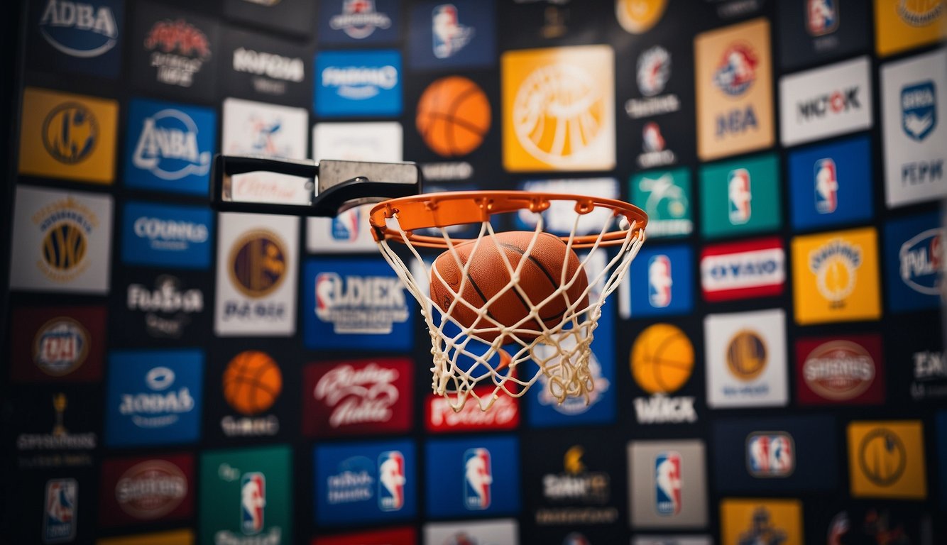 A basketball hoop surrounded by NBA team logos, with a quiz board displaying basketball-related questions and options