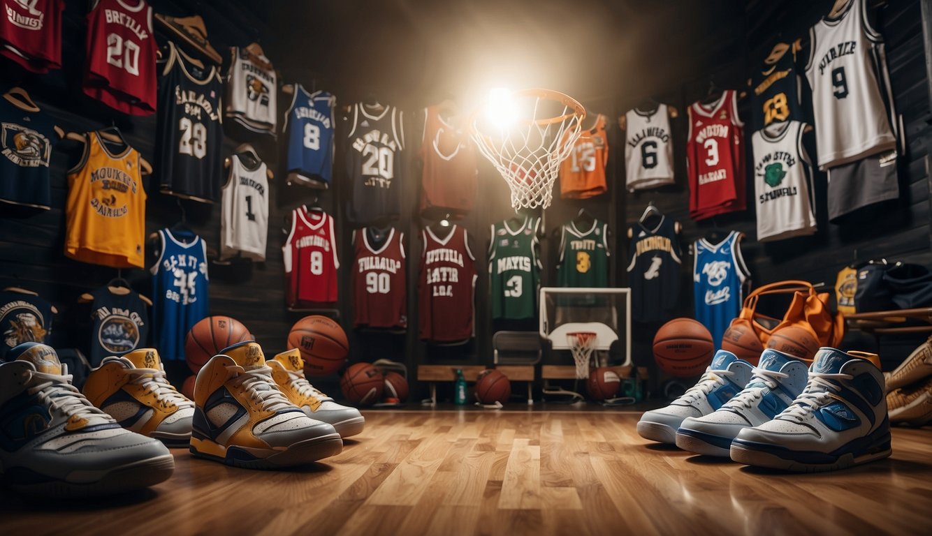 A basketball hoop surrounded by various team logos and jerseys. A basketball and sneakers are placed nearby