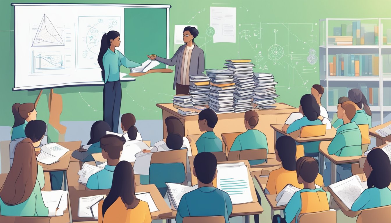 Best Biology Tuition in Singapore: Ace Your Exams with Top Tutors A stack of biology textbooks surrounded by a group of curious students, with a teacher pointing to a whiteboard filled with diagrams and notes