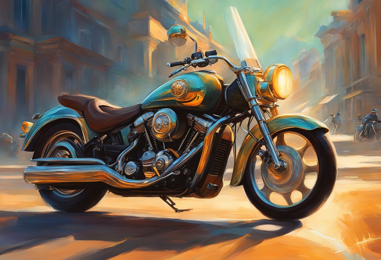 The motorcycle's headlight flickers as the engine revs, casting irregular shadows on the road. The dimming light creates a sense of uncertainty in the dark