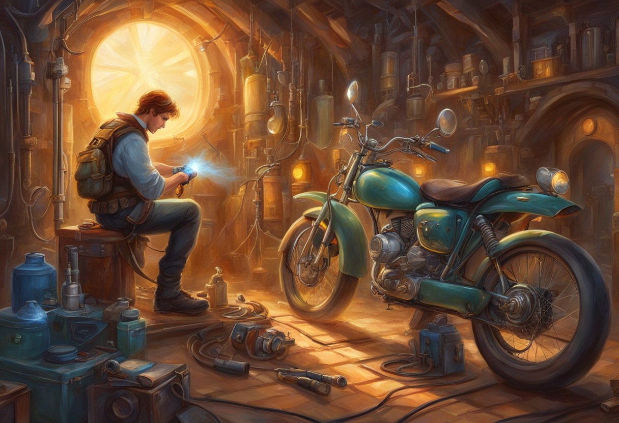 A mechanic troubleshoots motorcycle headlight wiring with a multimeter and soldering iron