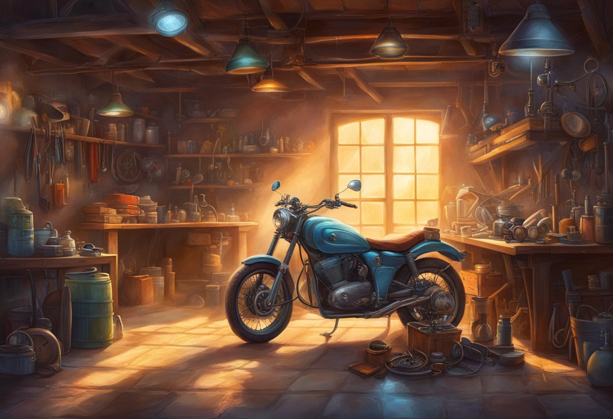 A motorcycle parked in a well-lit garage. A mechanic is checking the headlight and performing maintenance. Tools and spare parts are laid out on a workbench