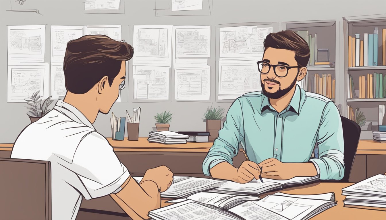 A student sits at a desk, surrounded by textbooks and notes, with a tutor explaining a concept on a whiteboard