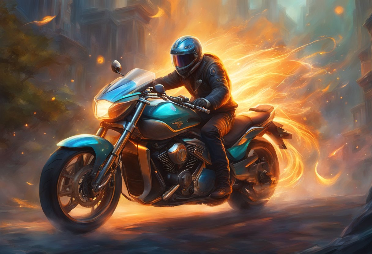 A motorcycle with regenerative braking system malfunctioning, sparks flying from the brakes, smoke rising, and a warning light flashing on the dashboard