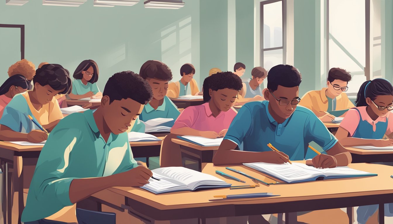 A group of students engaged in rigorous study, surrounded by textbooks and writing utensils, with a tutor guiding them through the IB curriculum