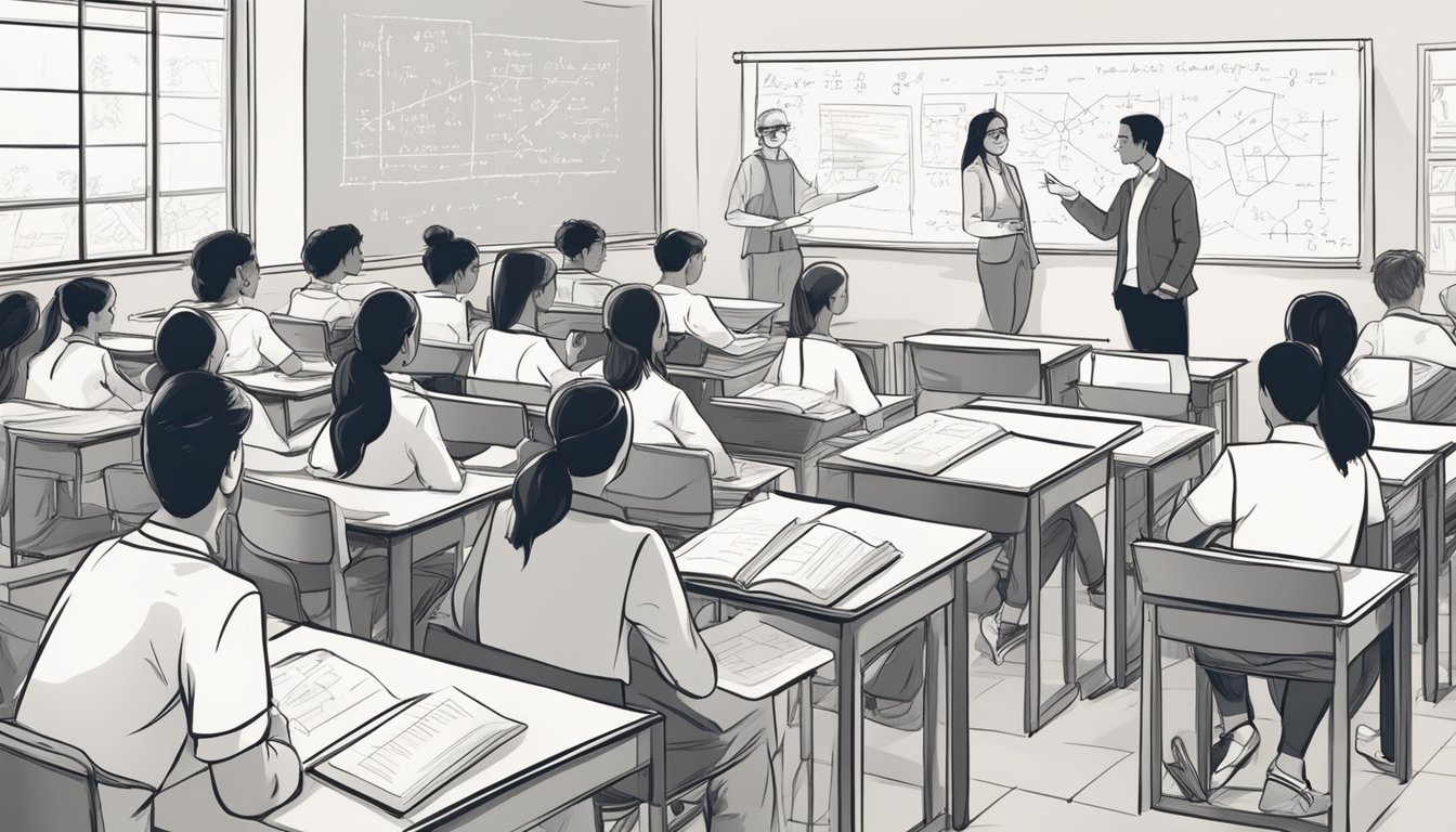 Students studying with focused determination, surrounded by textbooks and notes. A whiteboard filled with diagrams and equations. A tutor guiding and explaining concepts