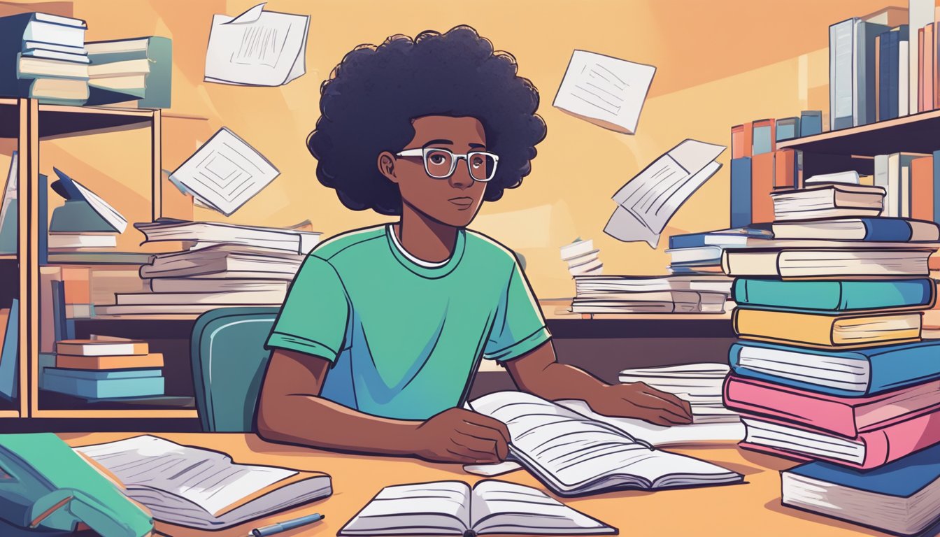 A student sitting at a desk, surrounded by textbooks and notes, with a laptop open, researching IB tuition FAQs