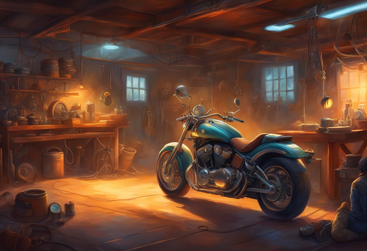 A motorcycle parked in a dimly lit garage with a mechanic installing a security alarm system using tools and following step-by-step instructions from a website