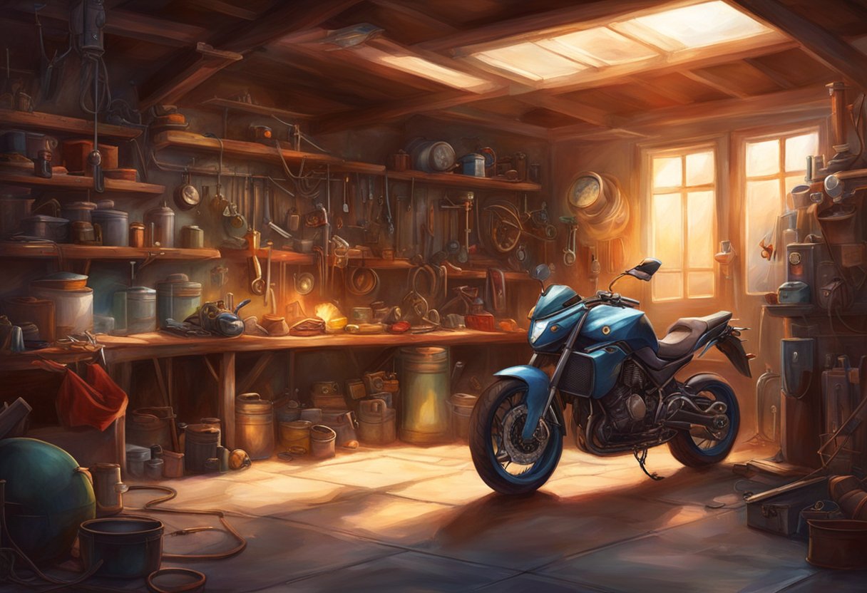 A motorcycle parked in a garage with a mechanic working on installing a new security alarm system, surrounded by tools and equipment