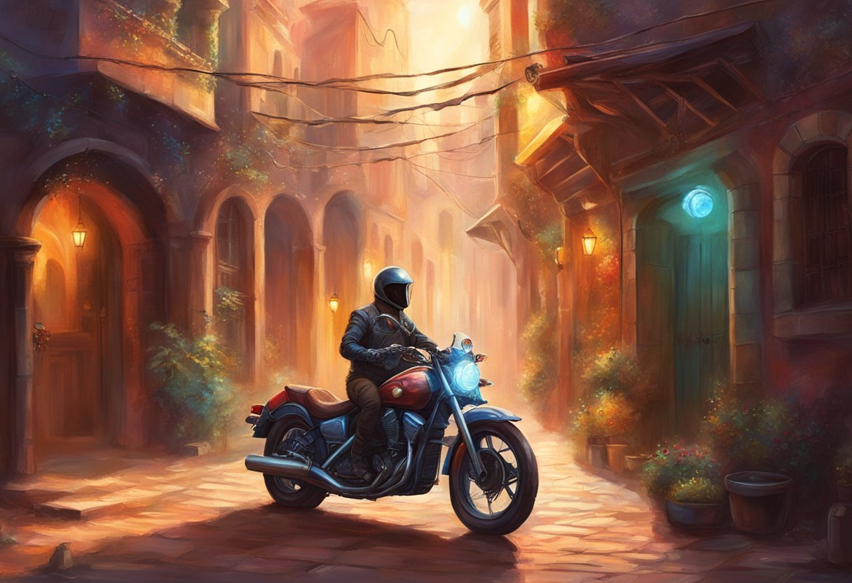 A motorcycle parked in a dimly lit alley, with a security alarm system being installed by a person wearing gloves