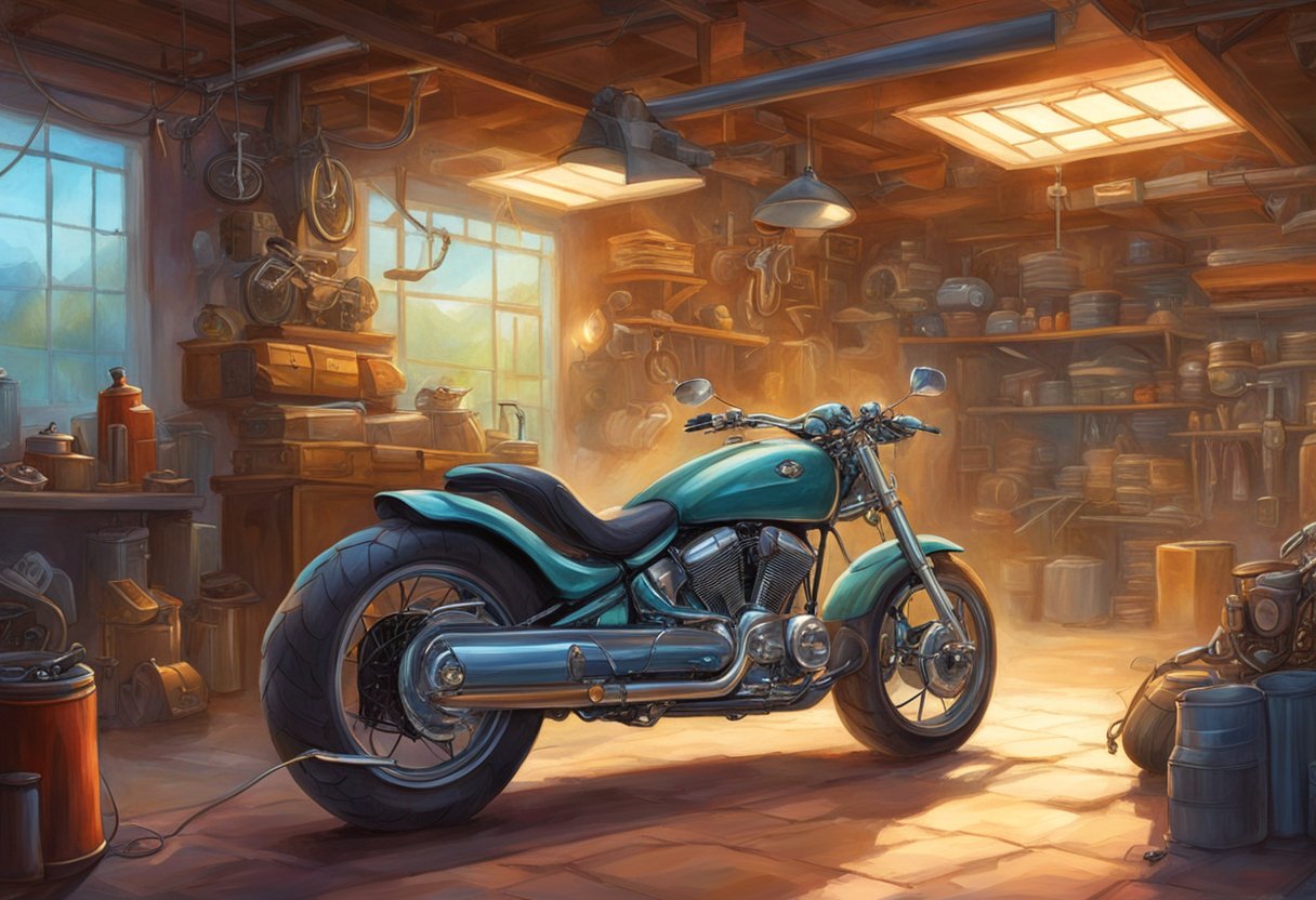 The motorcycle is parked in a garage, with the hood open, and a person is inspecting the electronic fuel injection system for erratic idle issues