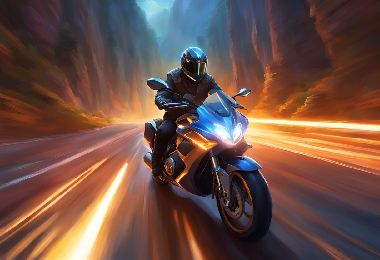 A motorcycle with adaptive lighting system on a dark road, casting a wide beam of light to illuminate the path ahead