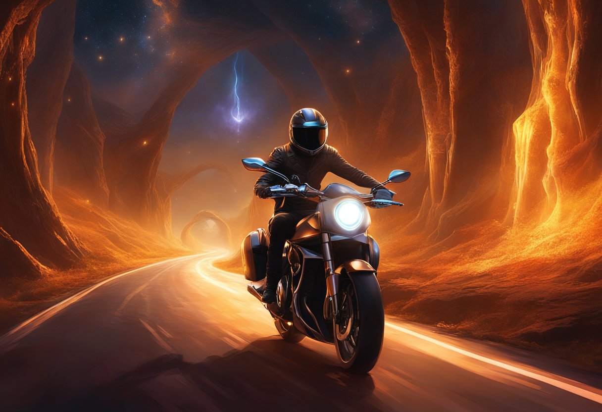 A motorcycle with adaptive lighting system navigating through a dark, winding road. The headlights adjust to illuminate the path ahead, enhancing safety and visibility for the rider
