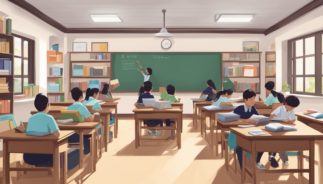 Students studying in a classroom at Raffles Tuition, with books, desks, and a chalkboard