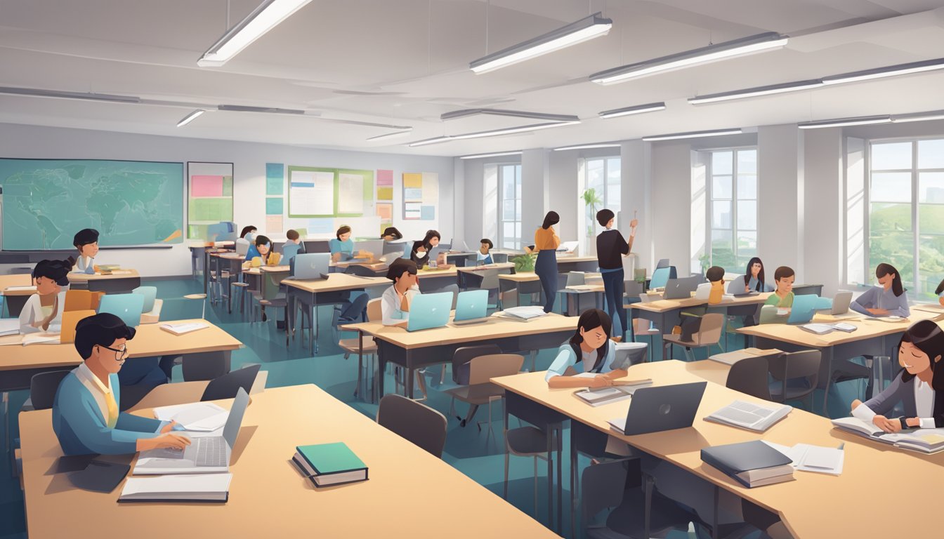 A classroom filled with students engaged in various courses at Raffles Tuition, with textbooks, computers, and educational materials scattered across desks