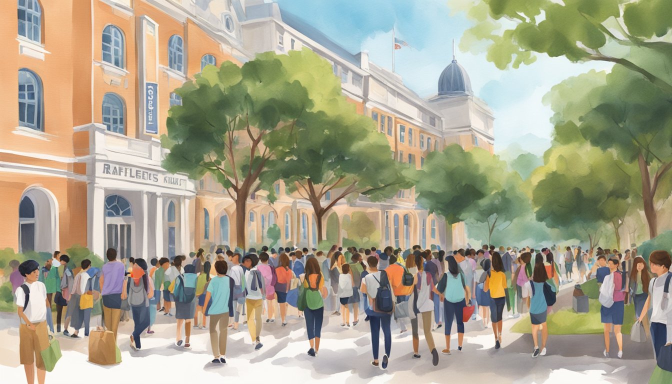 Students gather around campus buildings, entering raffles for tuition. The facilities are bustling with activity and excitement