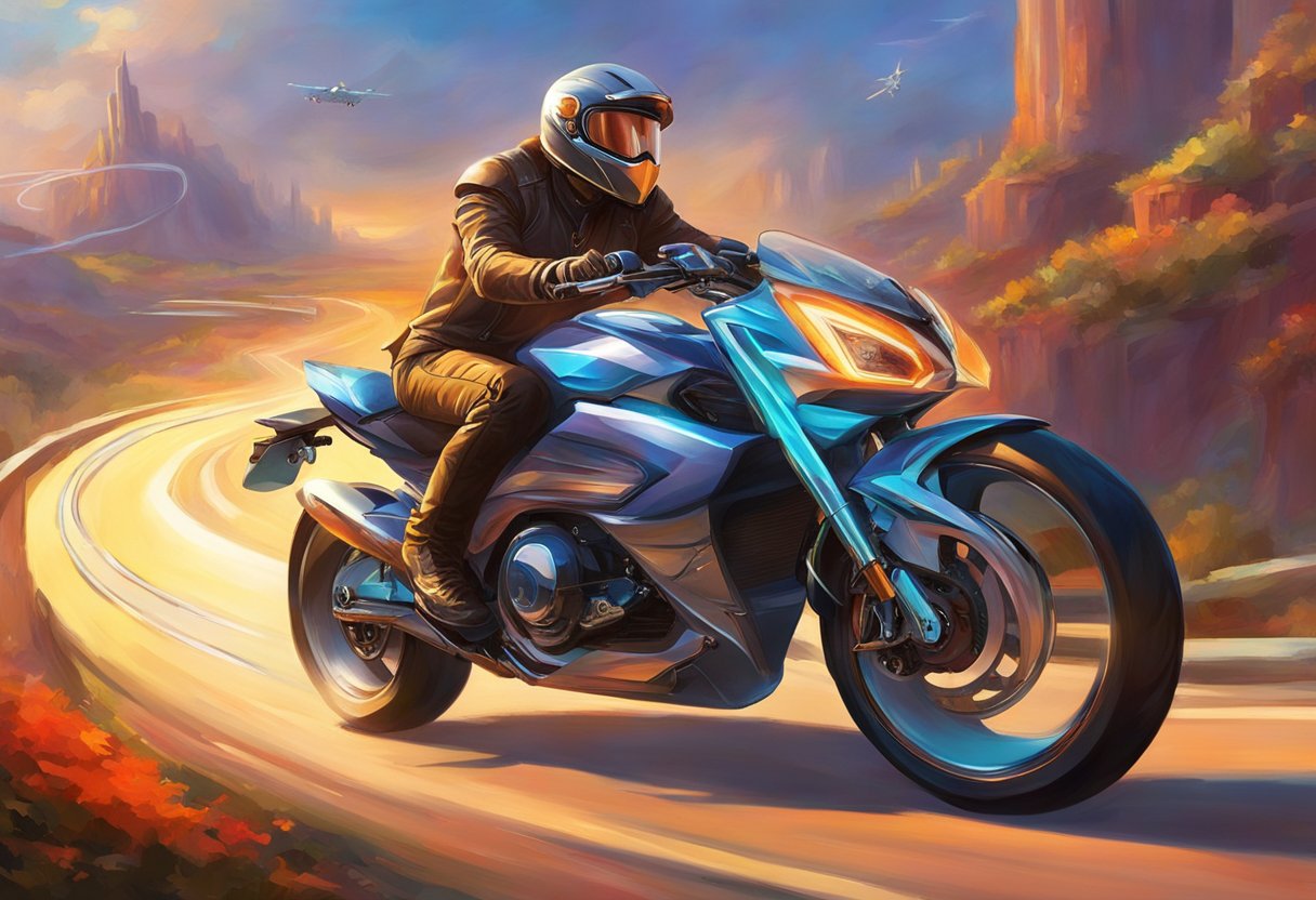 A motorcycle speeds down a winding road, its electric windshield adjusting for optimal aerodynamics. The rider navigates effortlessly, aided by enhanced performance and safety features