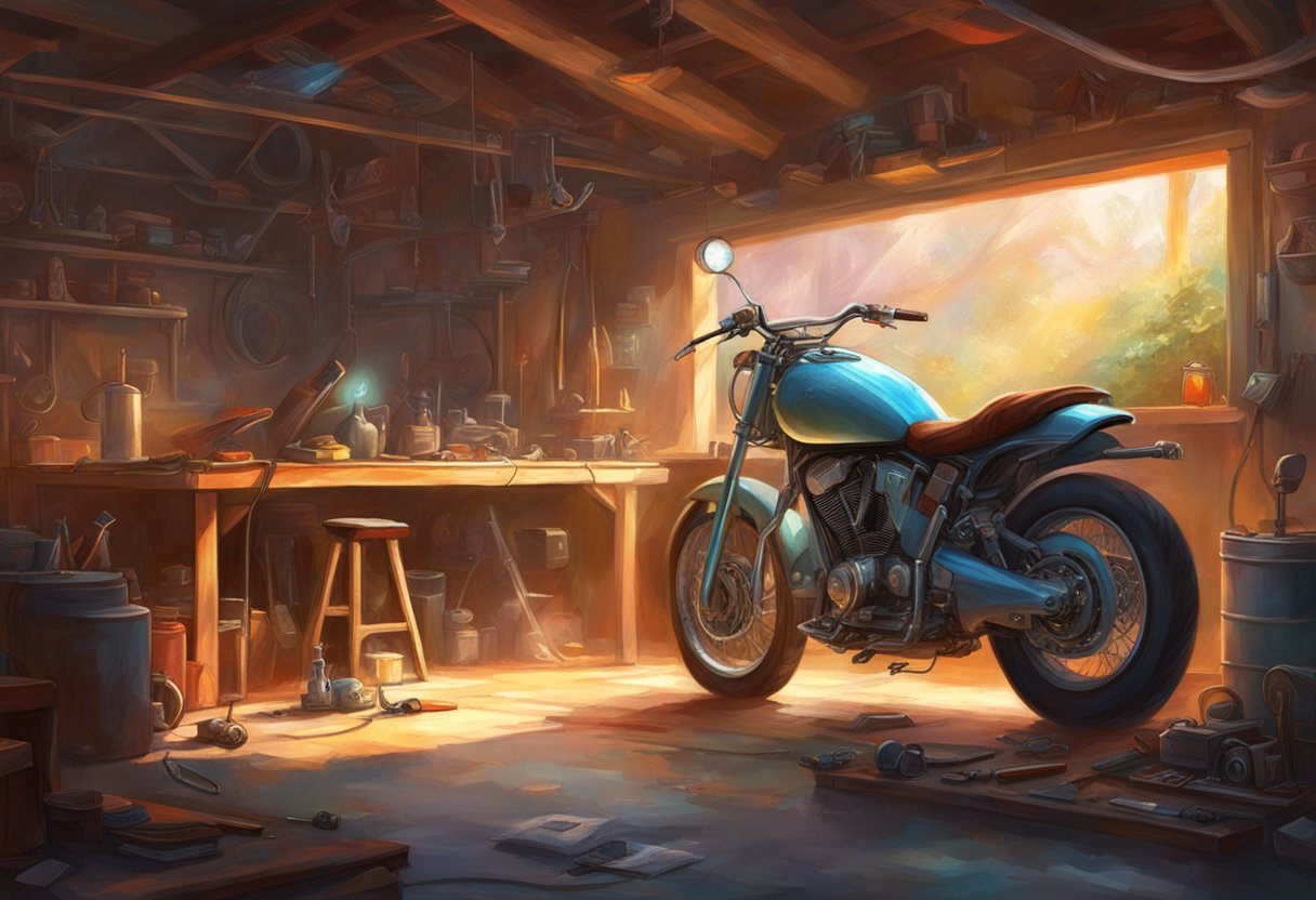 A motorcycle parked in a garage, with an electric windshield adjustment failing. Tools scattered nearby, indicating a rider attempting to fix the issue