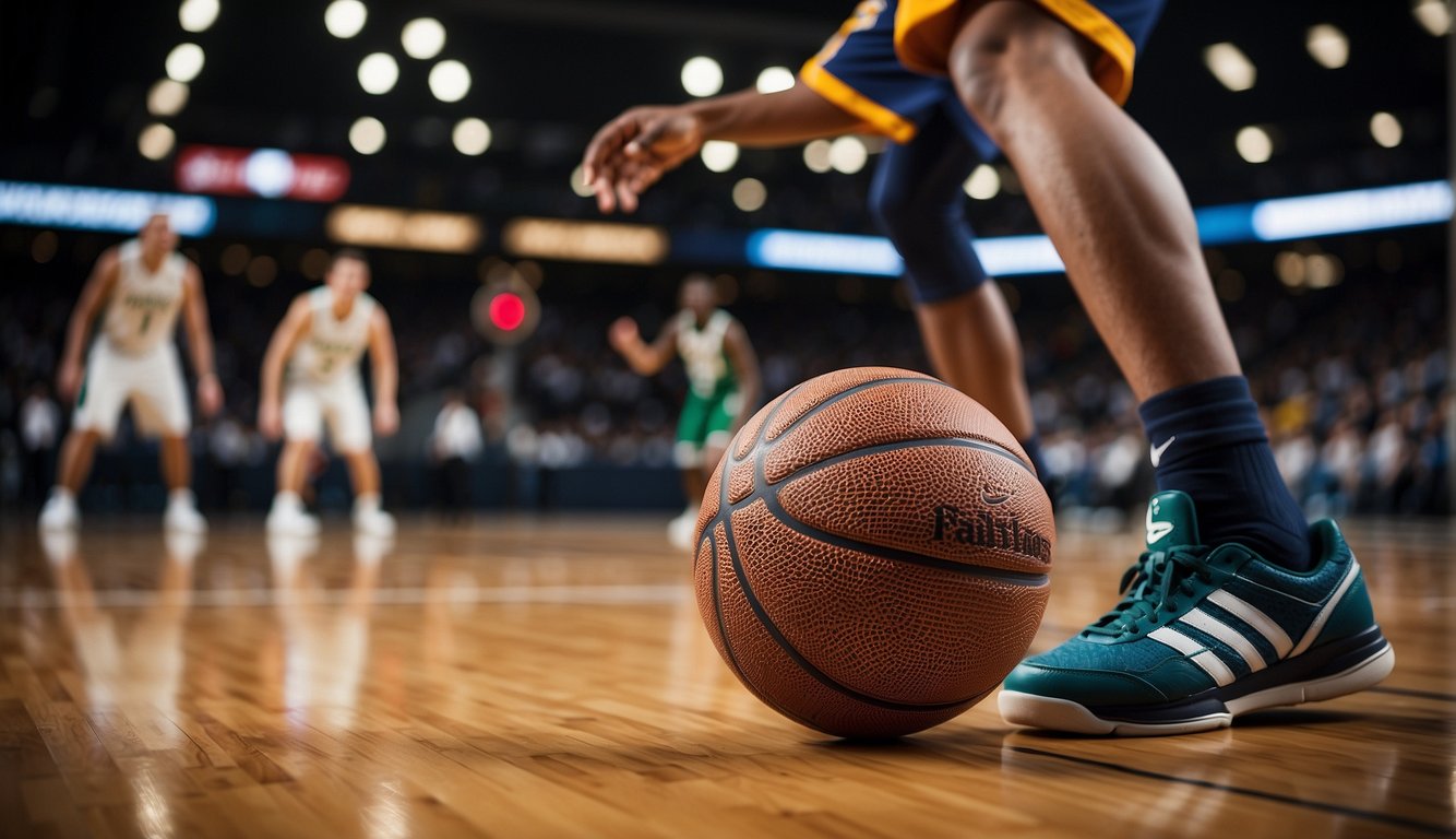 A basketball being held with one hand, while the other hand is positioned to guide the ball for a shot