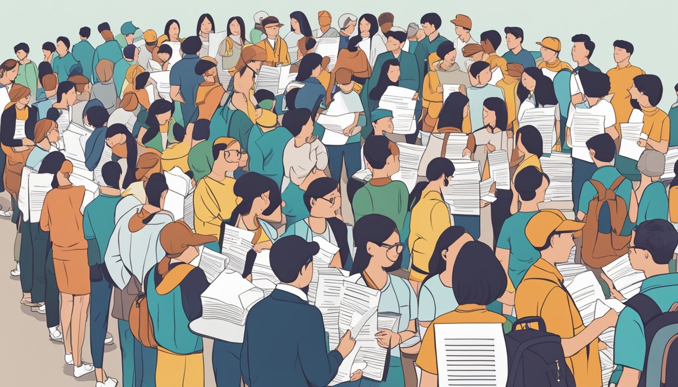 A stack of FAQ papers with "raffles tuition" prominently displayed. A queue of people waiting to participate