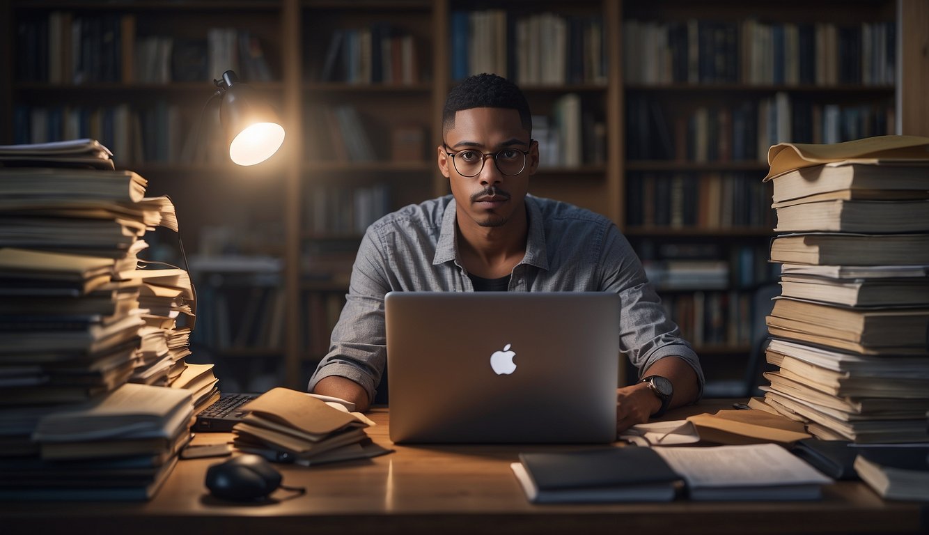 A person typing on a computer, surrounded by basketball reference books and papers, with a determined expression