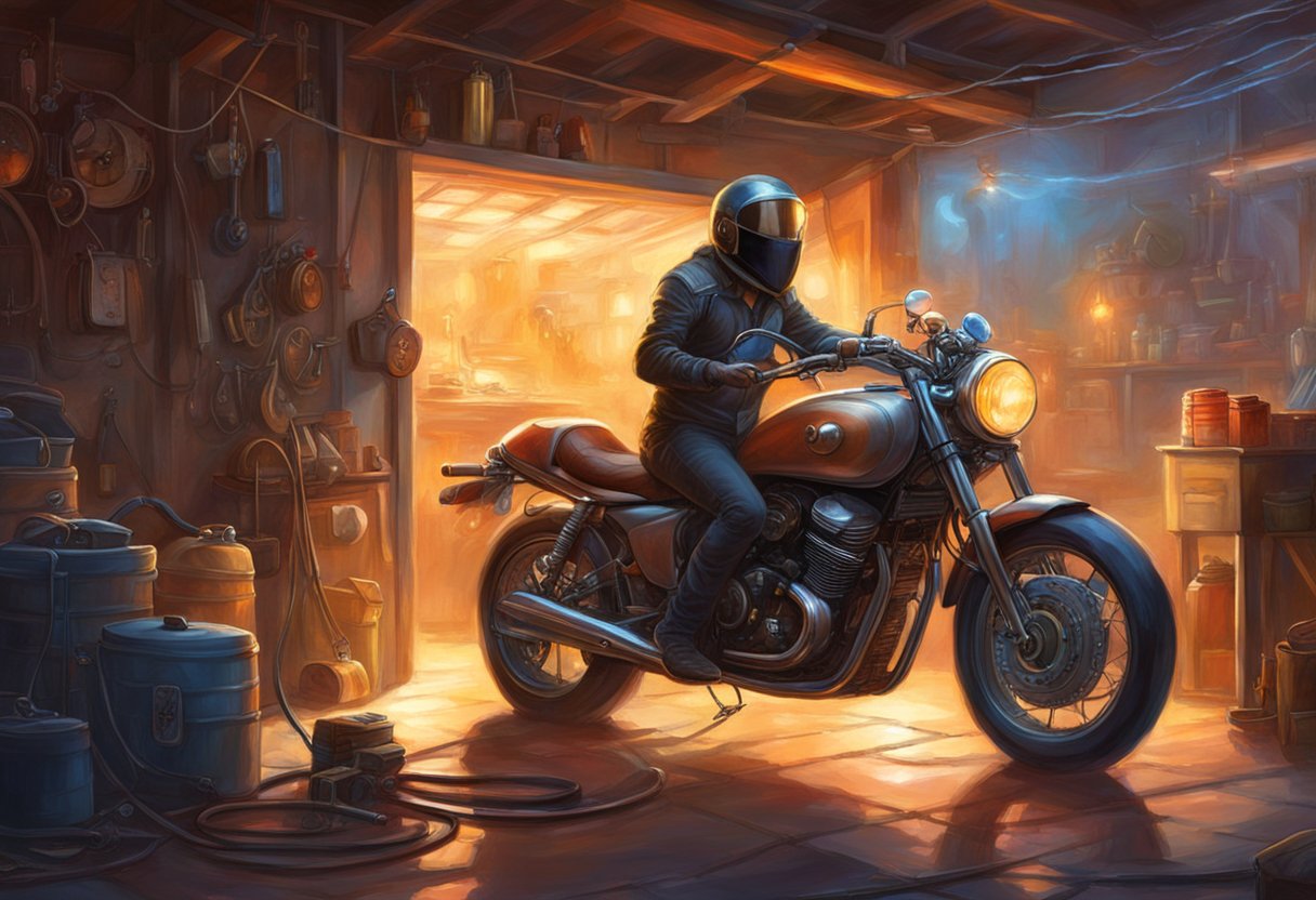 The motorcycle is parked in a dimly lit garage. The rider is trying to start the bike, but the dashboard lights are not turning on. The rider is inspecting the wiring and fuses, looking for the source of the problem