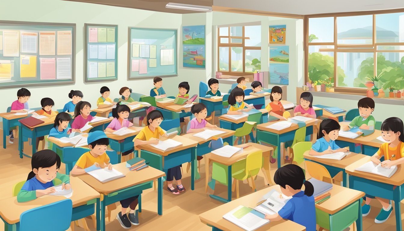 A bustling classroom at Tien Hsia Tuition Centre in Singapore, filled with eager students and colorful educational materials