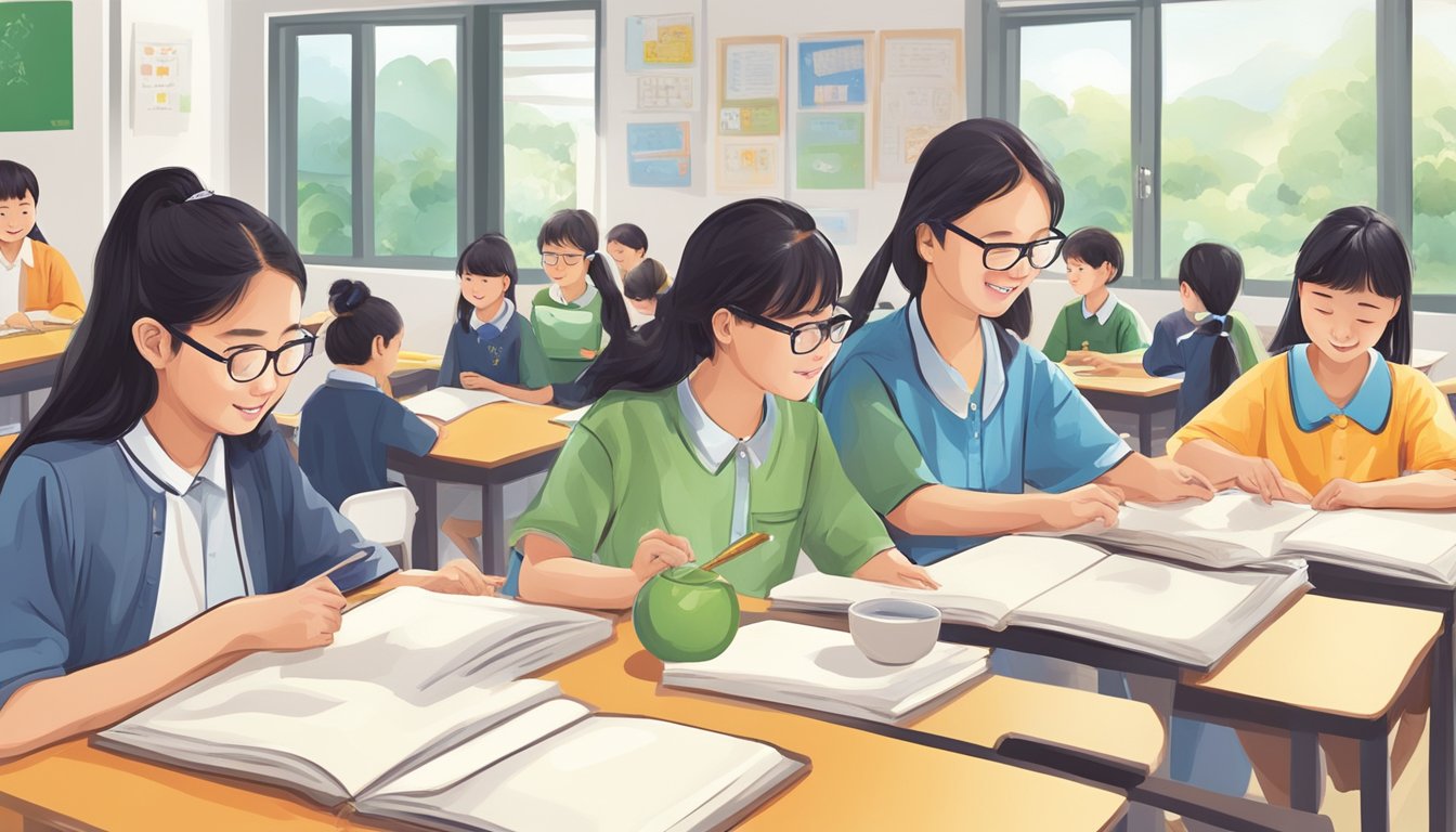 Students engaged in interactive learning activities at Tien Hsia tuition centre, with teachers guiding and instructing in a vibrant and welcoming environment