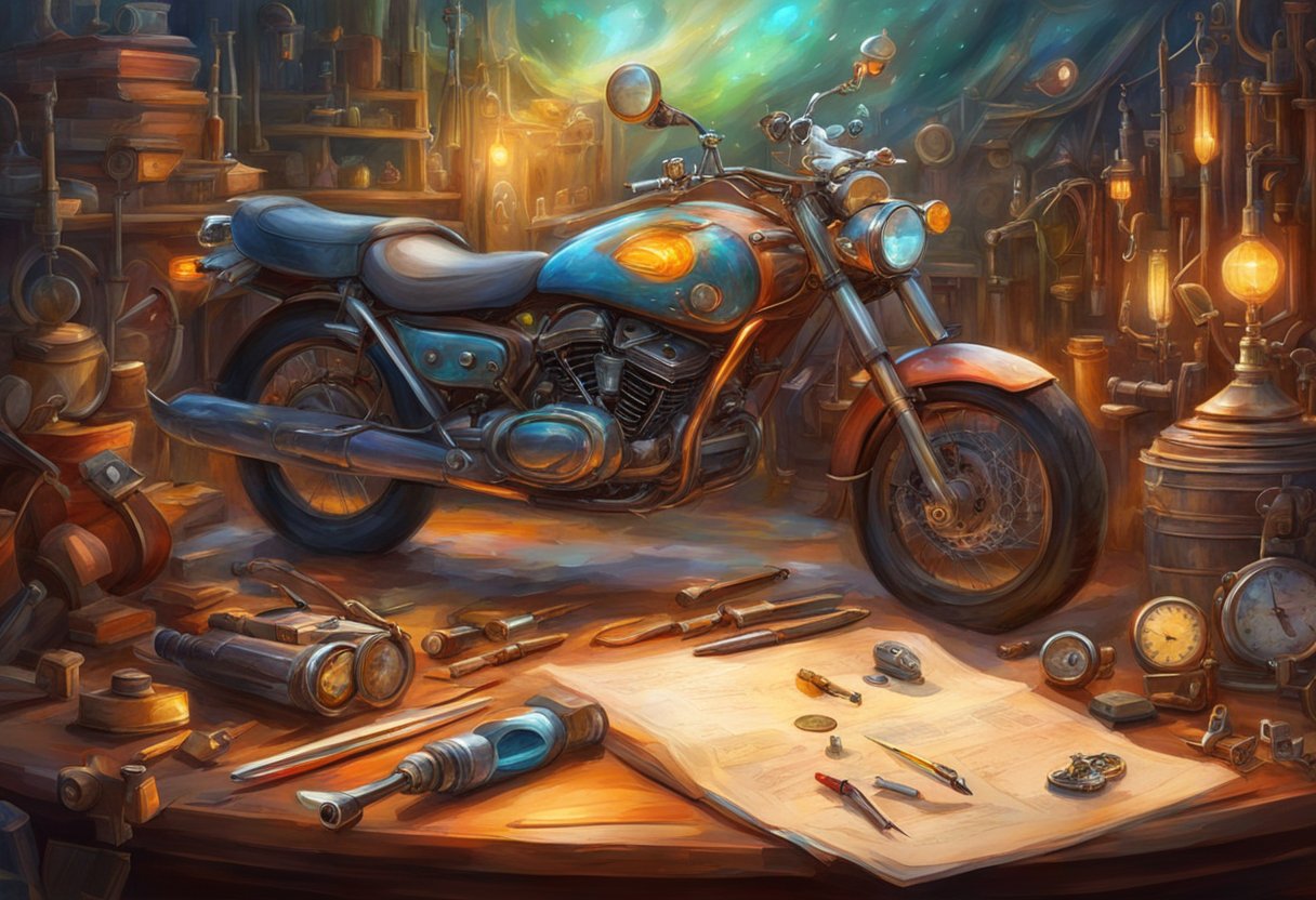 A motorcycle dashboard with non-functional lights, surrounded by tools and a repair manual