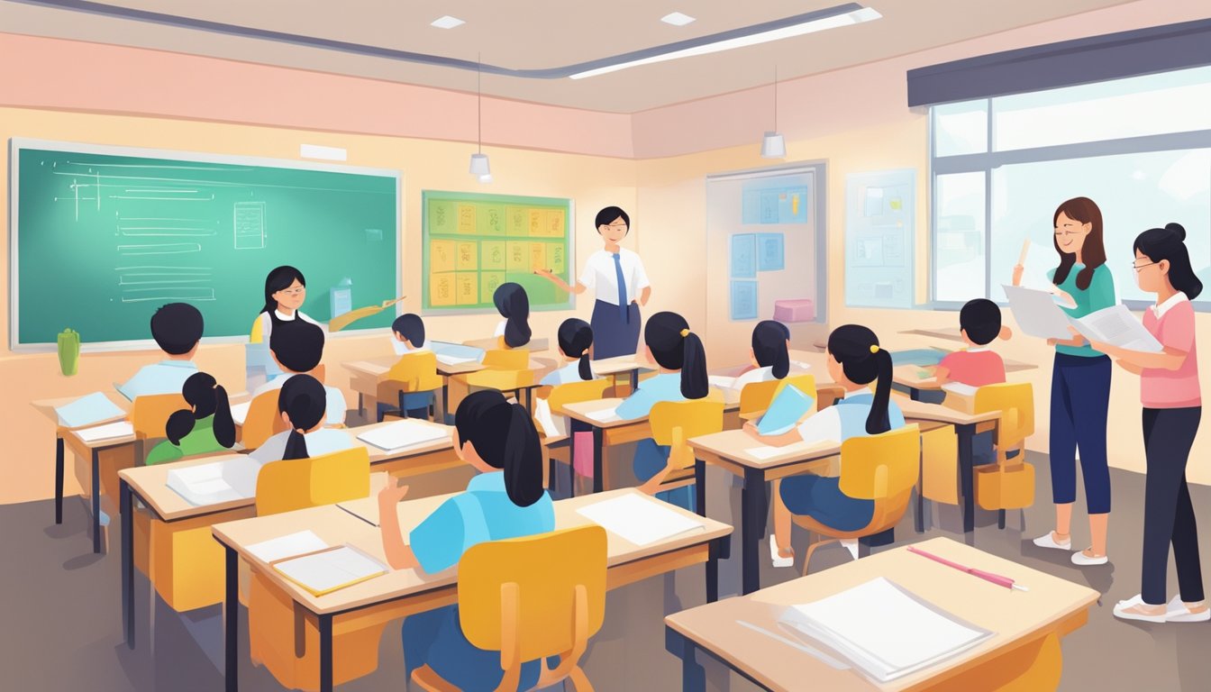 A classroom filled with engaged students, colorful teaching materials, and a supportive teacher guiding the learning process at Tien Hsia Tuition Centre in Singapore
