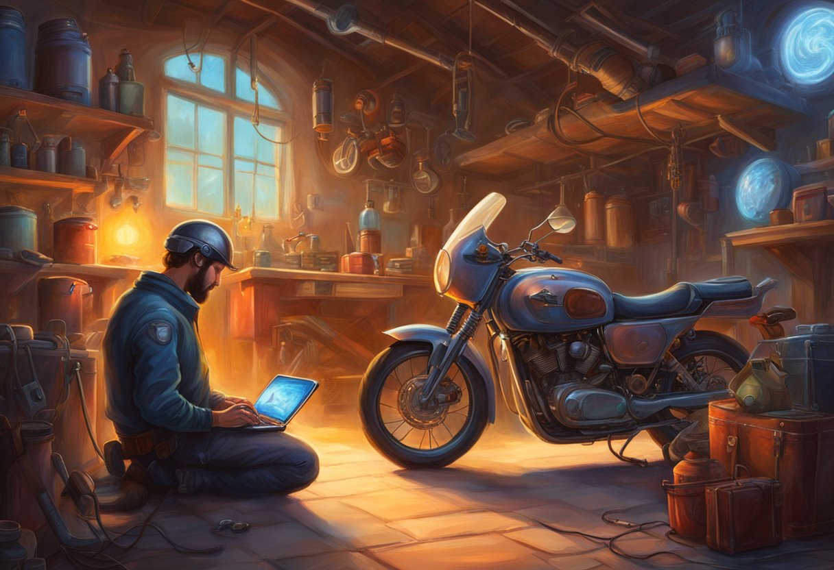 The motorcycle is parked in a well-lit garage. A mechanic is inspecting the dashboard lights with a multimeter and a toolbox nearby. The article's URL is displayed on a laptop screen in the background