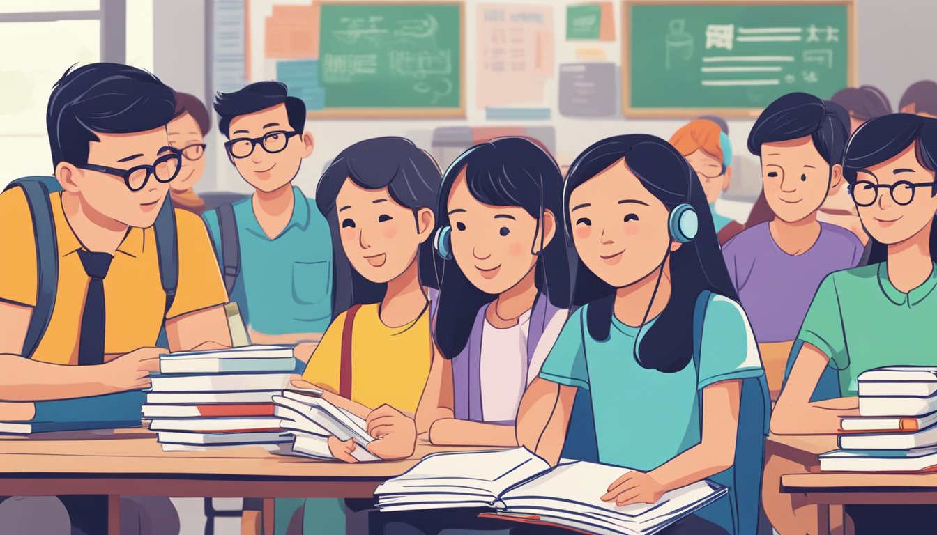 A stack of colorful FAQ cards with "Tien Hsia Tuition Centre Singapore" printed on them, surrounded by curious students and teachers