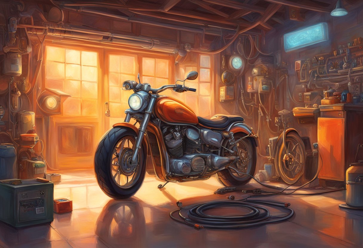 A motorcycle sits in a garage with its charging system exposed. A multimeter is connected to the rectifier as a technician troubleshoots