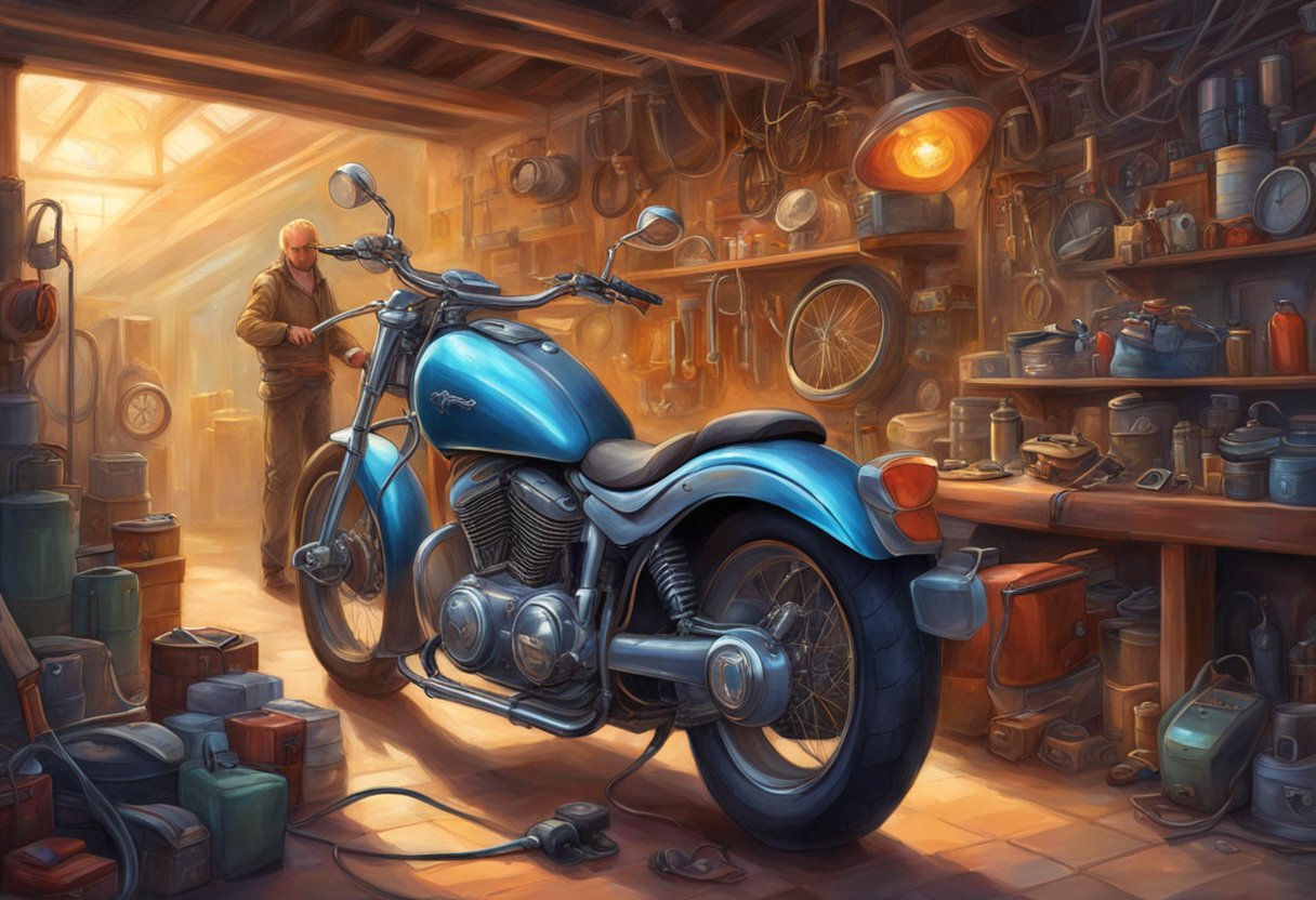 A motorcycle is parked in a garage with the hood open. A mechanic is diagnosing a faulty rectifier in the charging system using a multimeter and tools