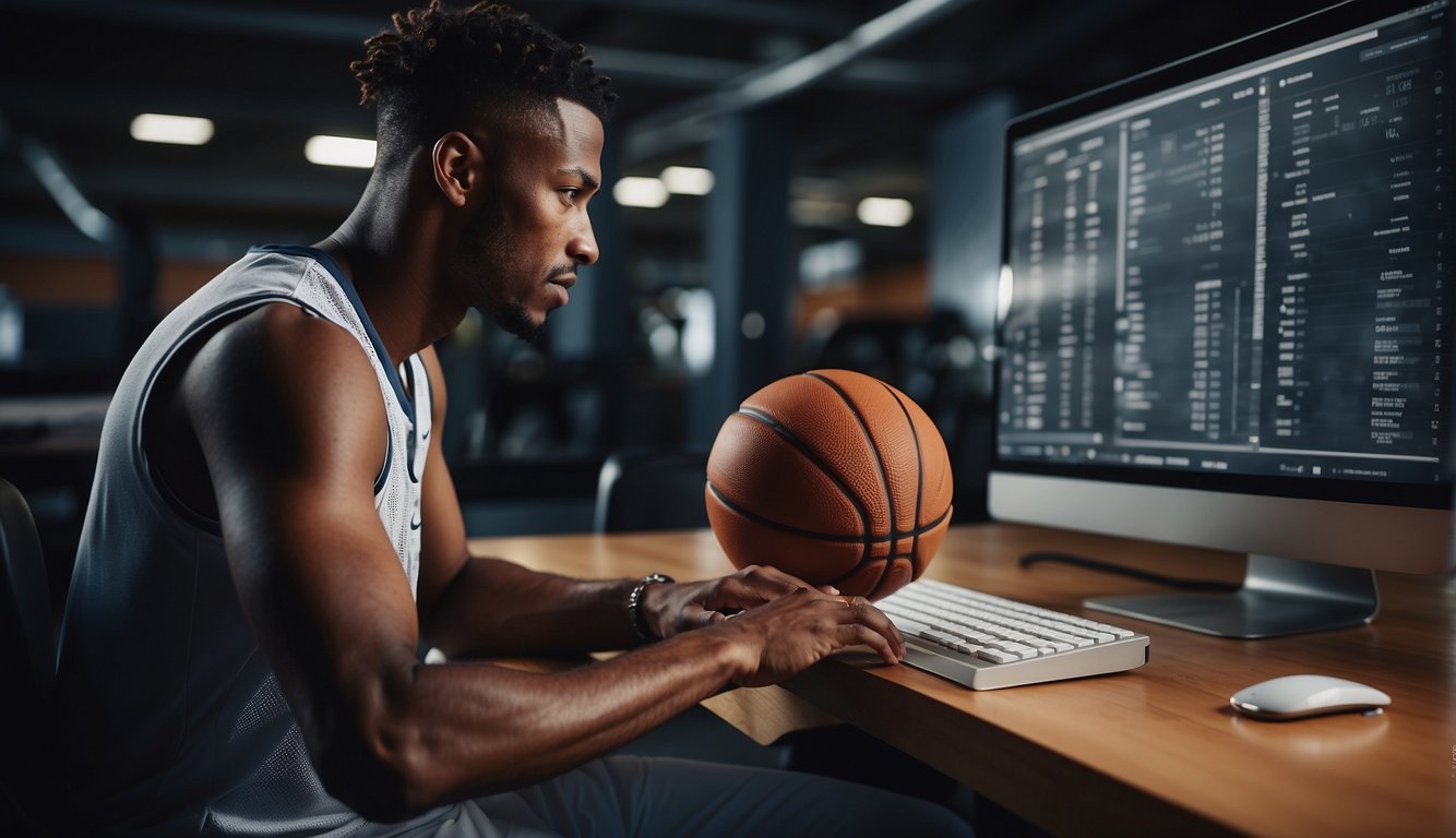 A basketball player using a computer to access and analyze data from a basketball reference database