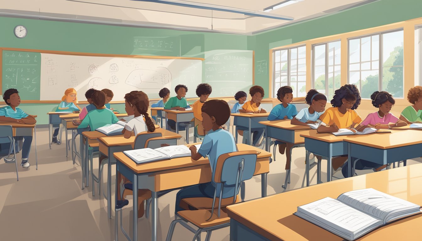 Wang Tuition: The Ultimate Solution for Your Child's Academic Success in Singapore A group of students sit at desks in a brightly lit classroom, focused on their studies. Books and notebooks are scattered across the tables, and a whiteboard at the front of the room displays math equations and diagrams