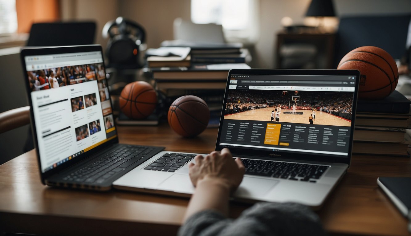 A person holding a basketball while looking at a computer screen with basketball reference website open, surrounded by basketball-related books and equipment