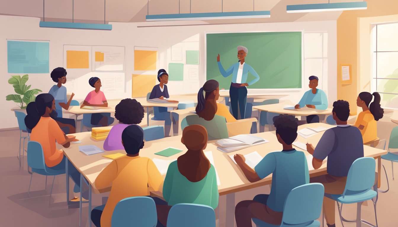 Wang Tuition: The Ultimate Solution for Your Child's Academic Success in Singapore A bright classroom with diverse students engaged in group discussions and collaborative learning activities, with a caring teacher offering individualized support